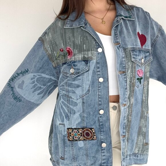 Embroidered Patch Denim Jacket by POL NEW Size Medium - Picture 7 of 7